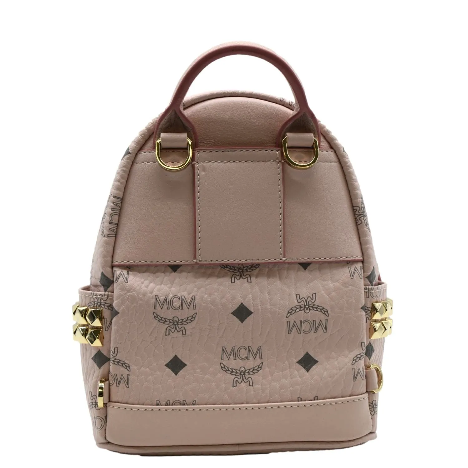 MCM Stark Bebe Boo Studded Mini Visetos Logo Leather Backpack Bag Pink
