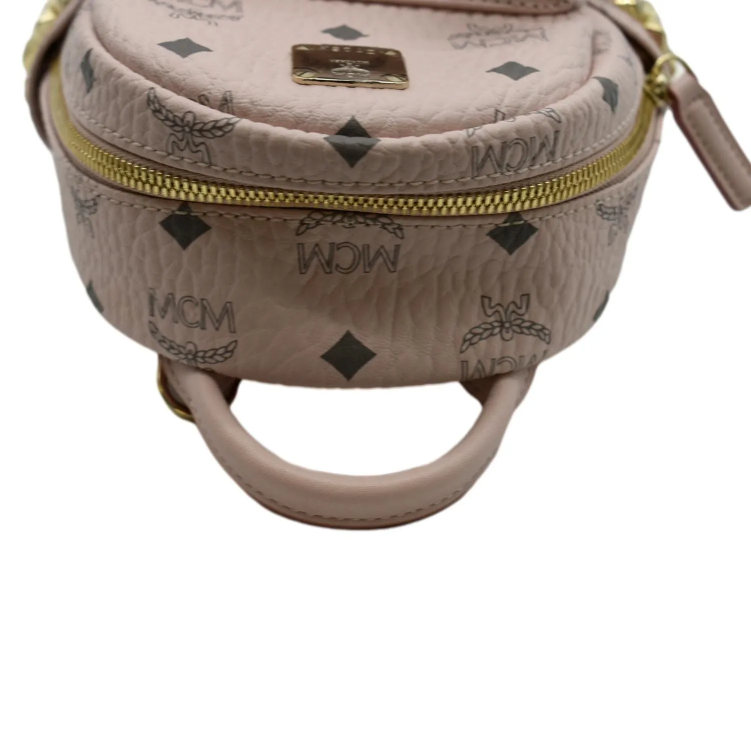 MCM Stark Bebe Boo Studded Mini Visetos Logo Leather Backpack Bag Pink