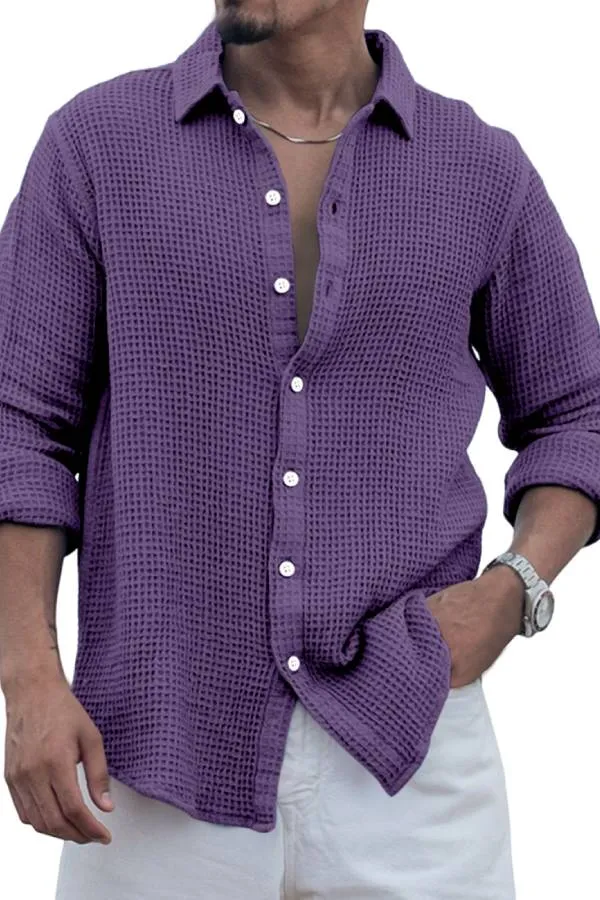 Men's Casual Everyday Solid Color Waffle Long Sleeve Shirt