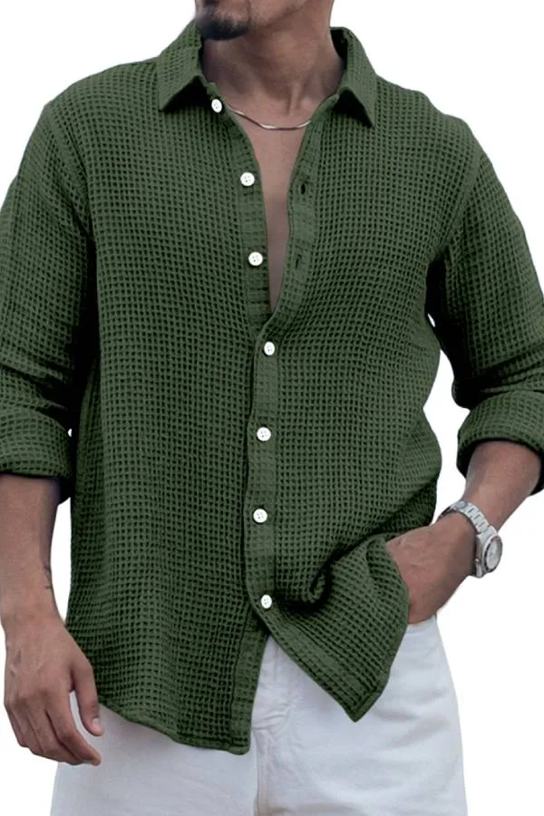 Men's Casual Everyday Solid Color Waffle Long Sleeve Shirt