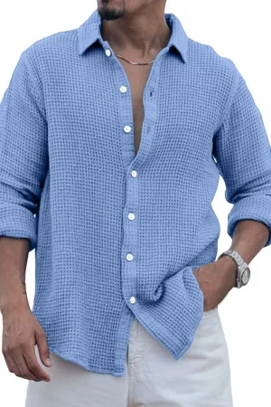 Men's Casual Everyday Solid Color Waffle Long Sleeve Shirt