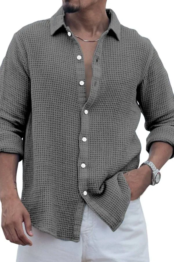 Men's Casual Everyday Solid Color Waffle Long Sleeve Shirt