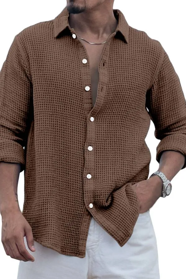 Men's Casual Everyday Solid Color Waffle Long Sleeve Shirt