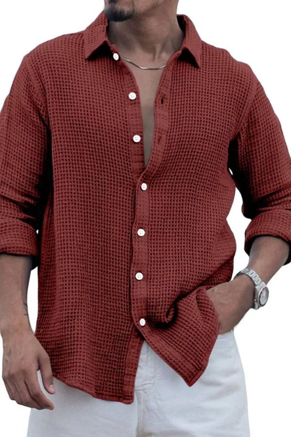 Men's Casual Everyday Solid Color Waffle Long Sleeve Shirt