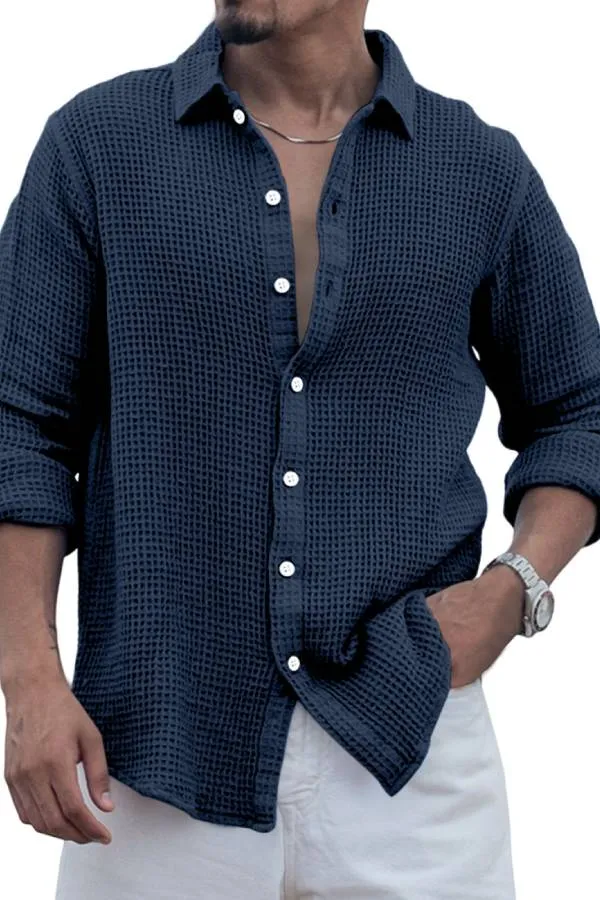 Men's Casual Everyday Solid Color Waffle Long Sleeve Shirt