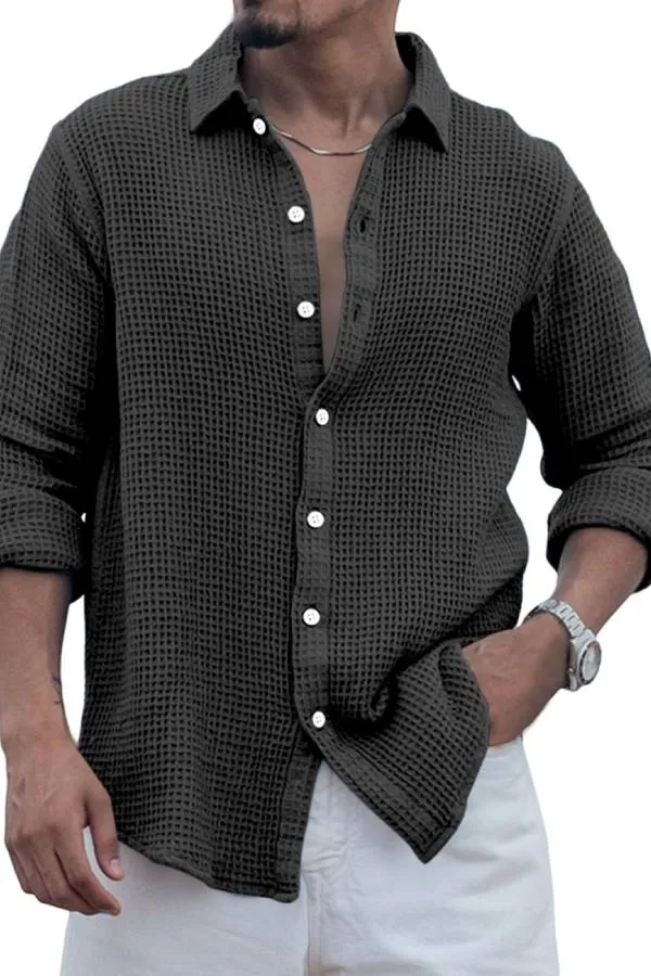 Men's Casual Everyday Solid Color Waffle Long Sleeve Shirt