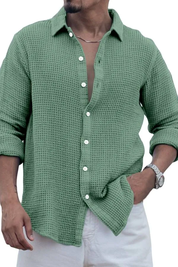 Men's Casual Everyday Solid Color Waffle Long Sleeve Shirt