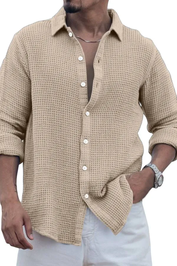 Men's Casual Everyday Solid Color Waffle Long Sleeve Shirt