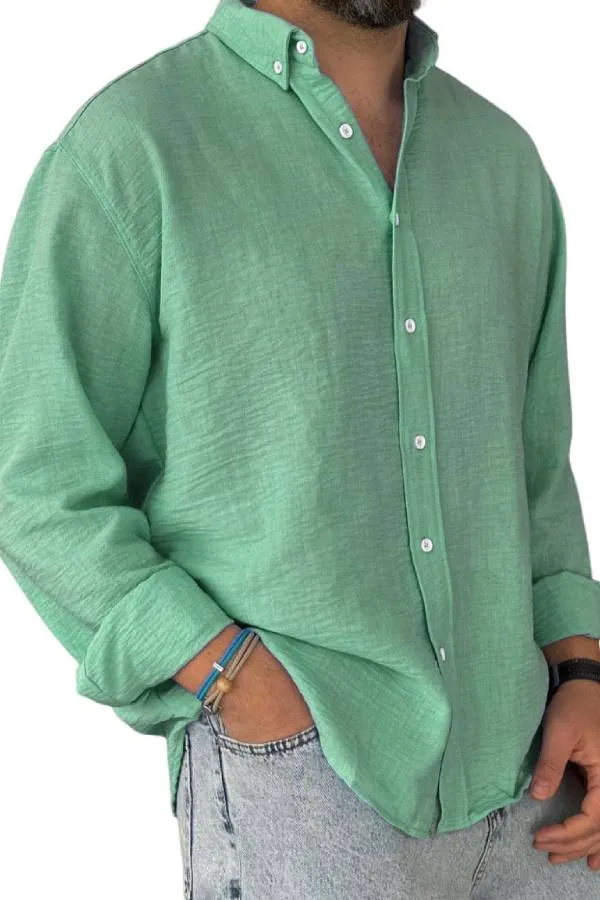 Men's Casual Simple Cotton Lapel Long-Sleeved Shirt