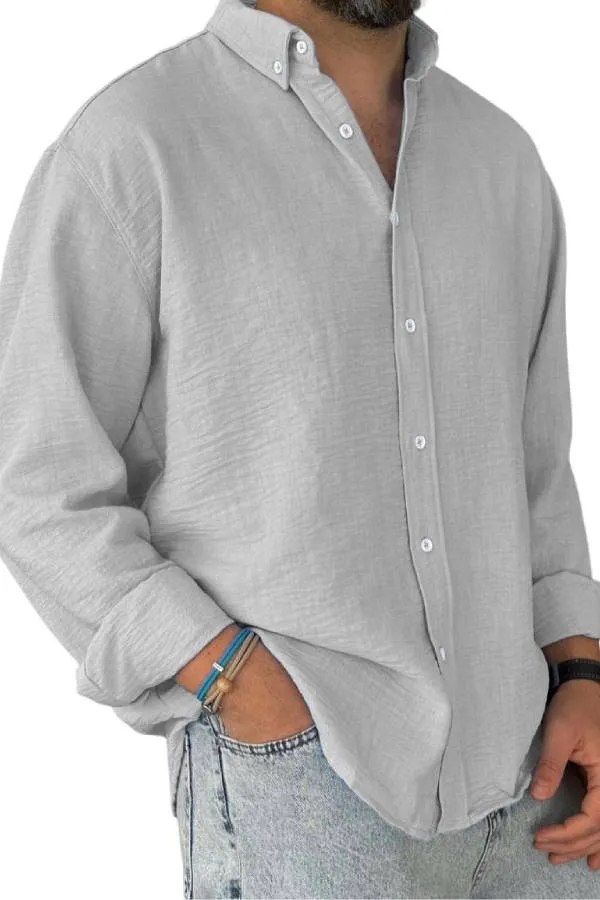 Men's Casual Simple Cotton Lapel Long-Sleeved Shirt