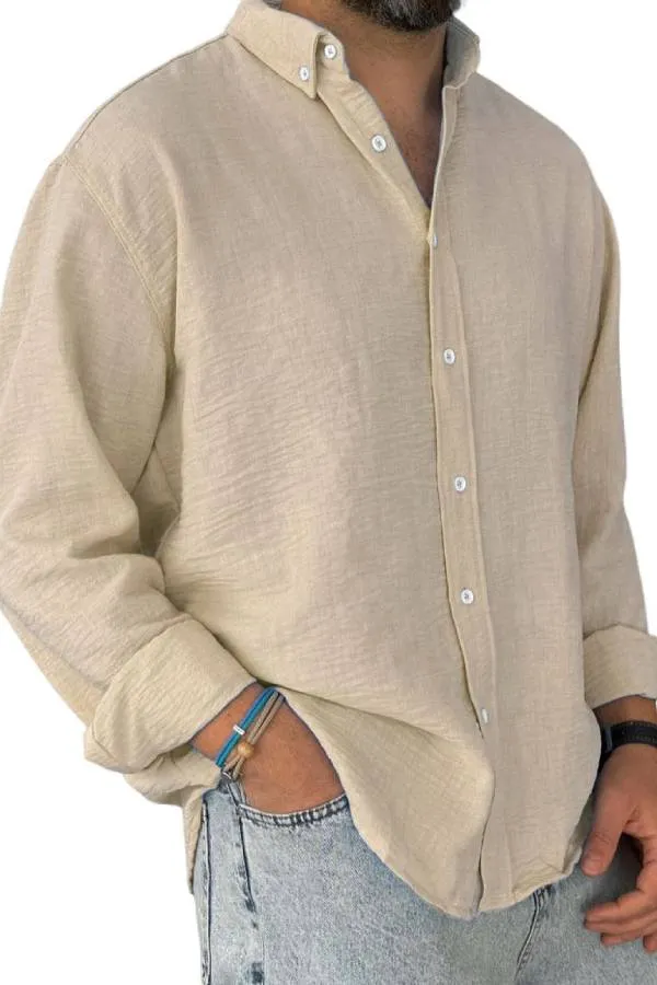 Men's Casual Simple Cotton Lapel Long-Sleeved Shirt