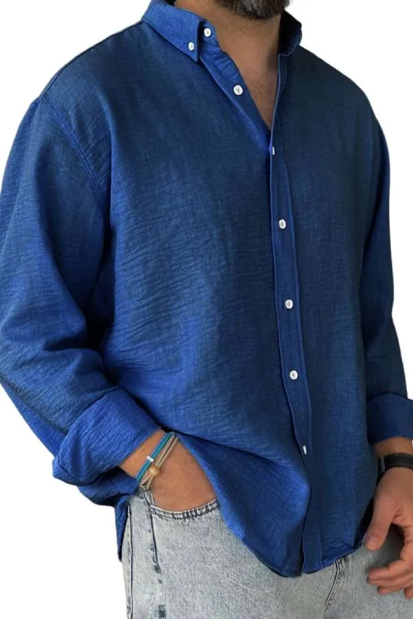 Men's Casual Simple Cotton Lapel Long-Sleeved Shirt
