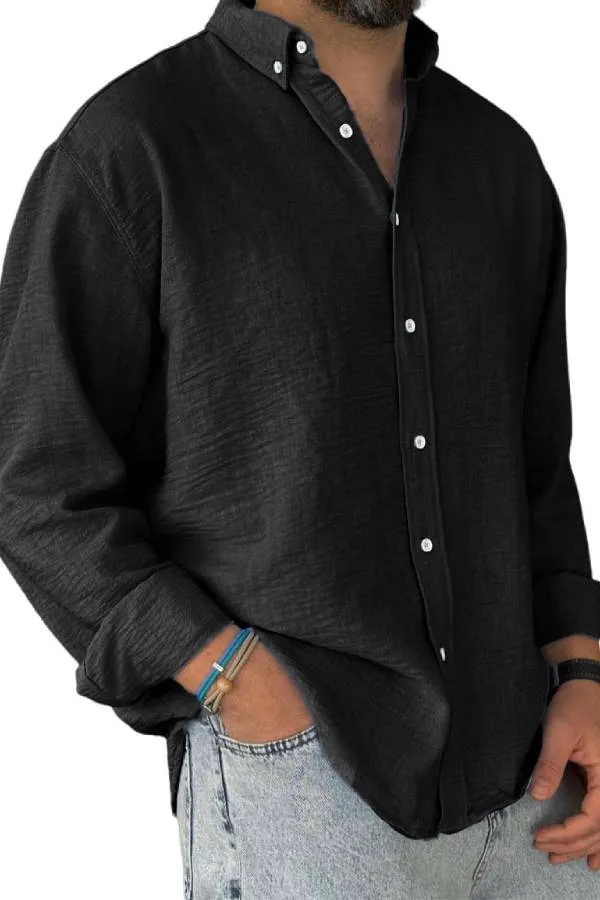 Men's Casual Simple Cotton Lapel Long-Sleeved Shirt