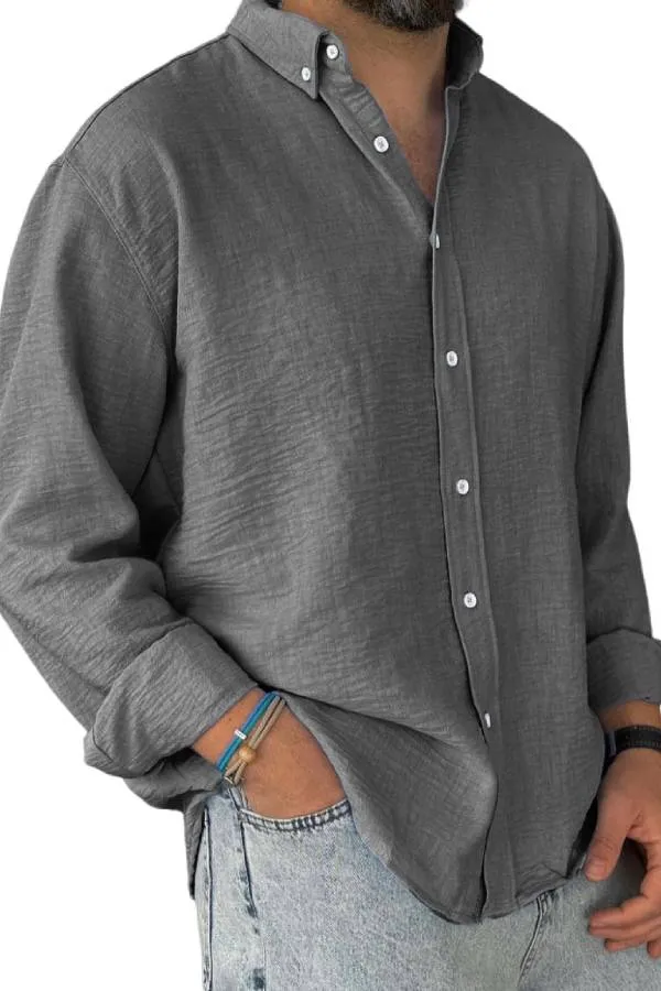 Men's Casual Simple Cotton Lapel Long-Sleeved Shirt
