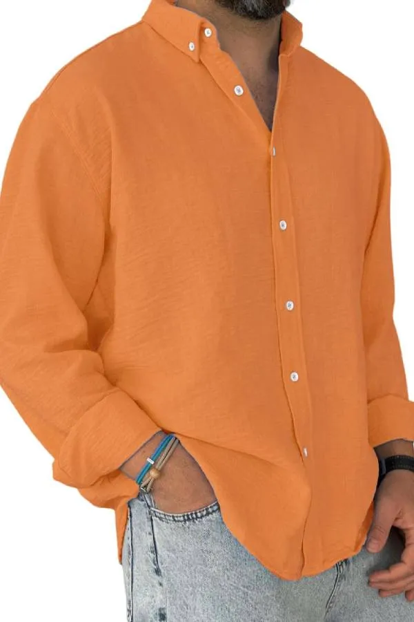 Men's Casual Simple Cotton Lapel Long-Sleeved Shirt