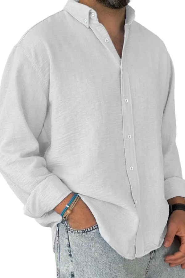 Men's Casual Simple Cotton Lapel Long-Sleeved Shirt