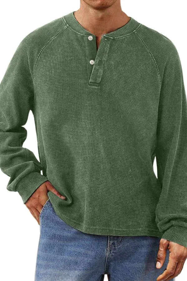 Men's Casual Waffle Raglan Button Solid Henley Shirt