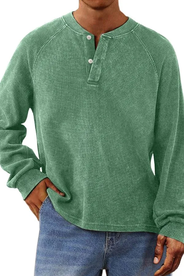 Men's Casual Waffle Raglan Button Solid Henley Shirt