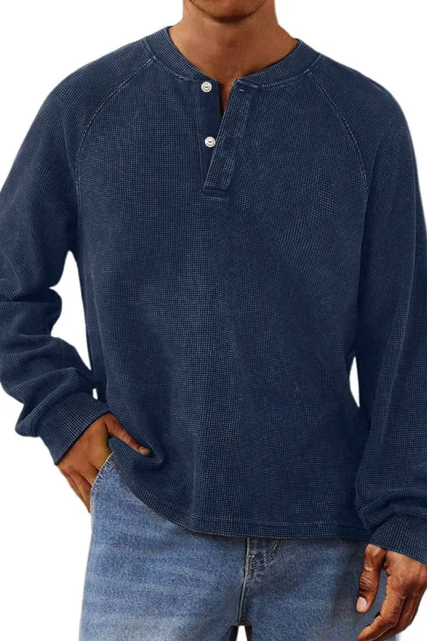 Men's Casual Waffle Raglan Button Solid Henley Shirt