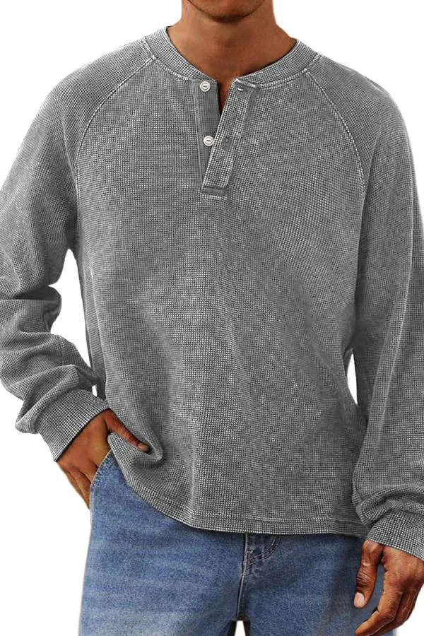 Men's Casual Waffle Raglan Button Solid Henley Shirt