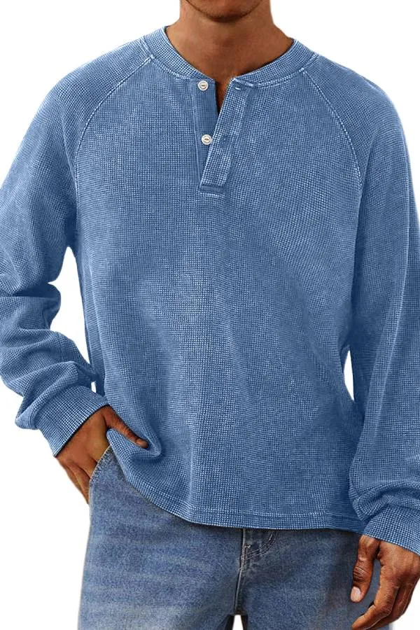Men's Casual Waffle Raglan Button Solid Henley Shirt
