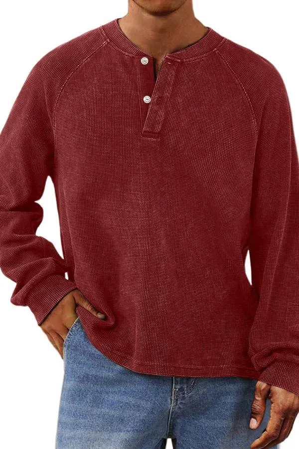 Men's Casual Waffle Raglan Button Solid Henley Shirt