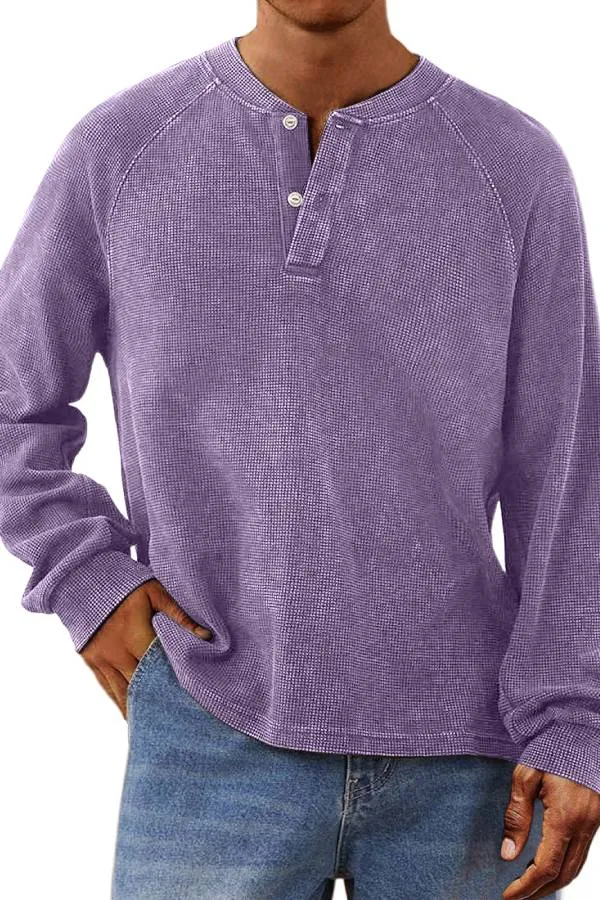 Men's Casual Waffle Raglan Button Solid Henley Shirt