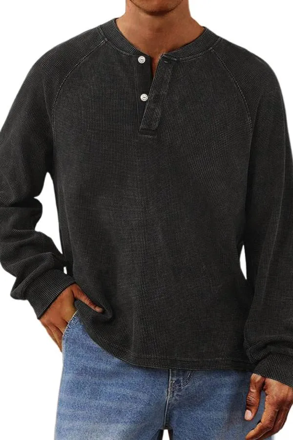 Men's Casual Waffle Raglan Button Solid Henley Shirt