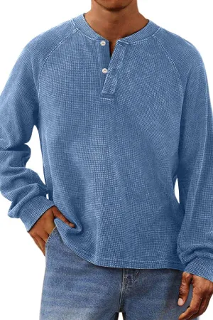 Men's Casual Waffle Raglan Button Solid Henley Shirt