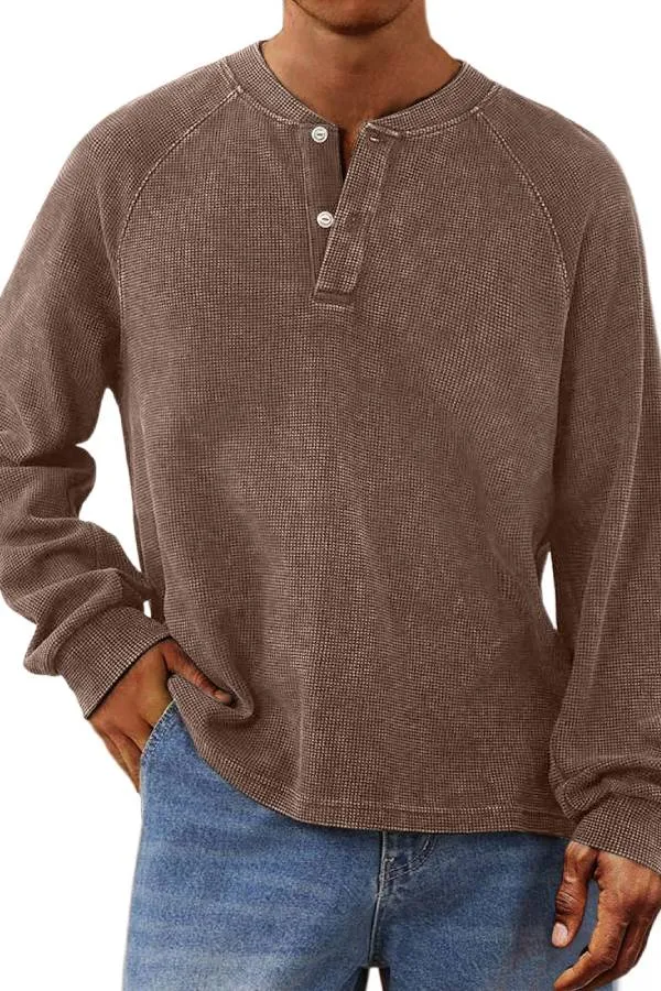 Men's Casual Waffle Raglan Button Solid Henley Shirt