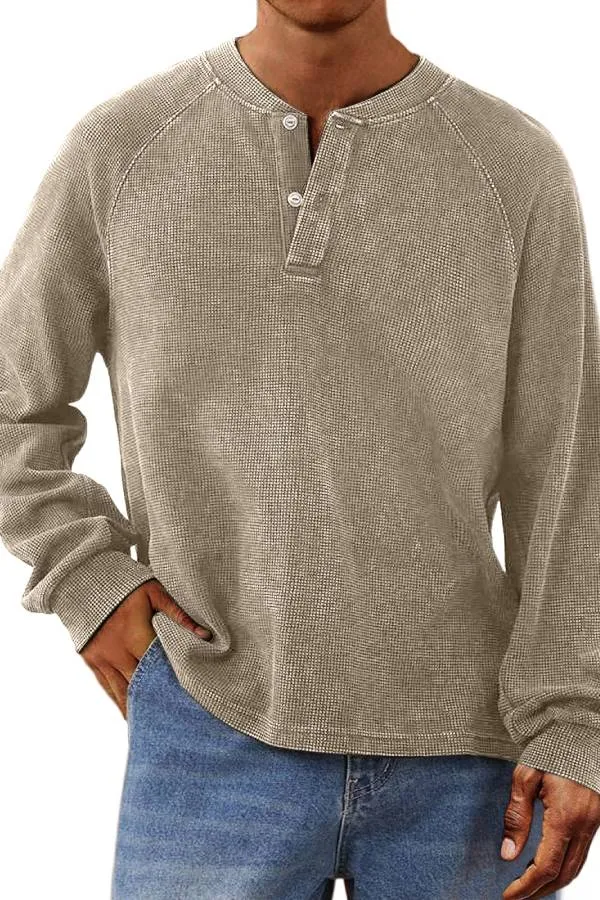 Men's Casual Waffle Raglan Button Solid Henley Shirt