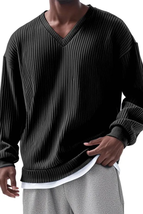Men's Everyday Loose V-neck Vertical Long-sleeved T-shirt