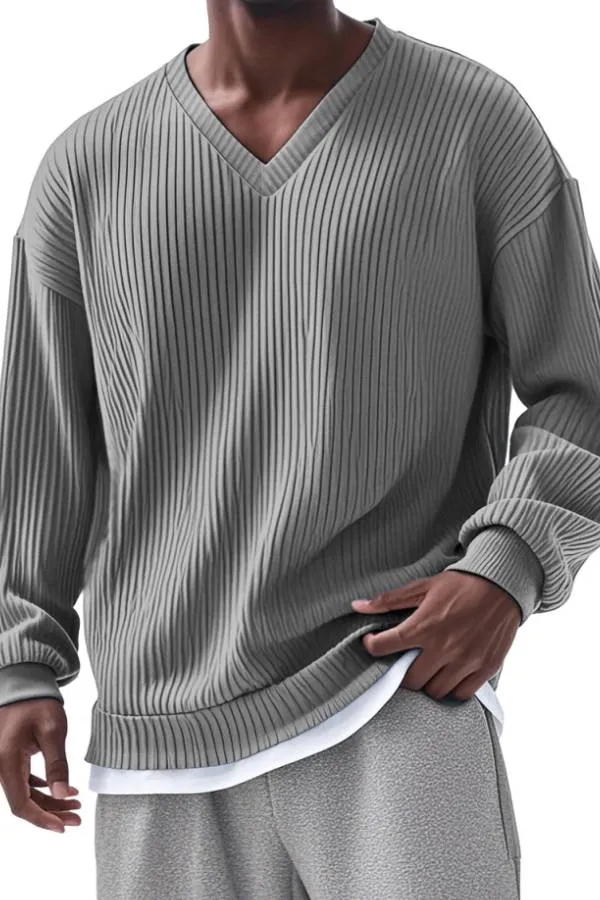Men's Everyday Loose V-neck Vertical Long-sleeved T-shirt
