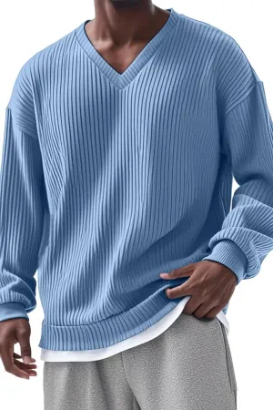Men's Everyday Loose V-neck Vertical Long-sleeved T-shirt