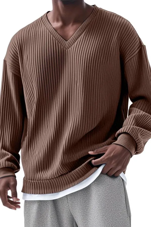 Men's Everyday Loose V-neck Vertical Long-sleeved T-shirt