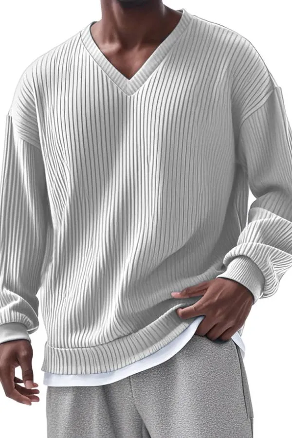 Men's Everyday Loose V-neck Vertical Long-sleeved T-shirt