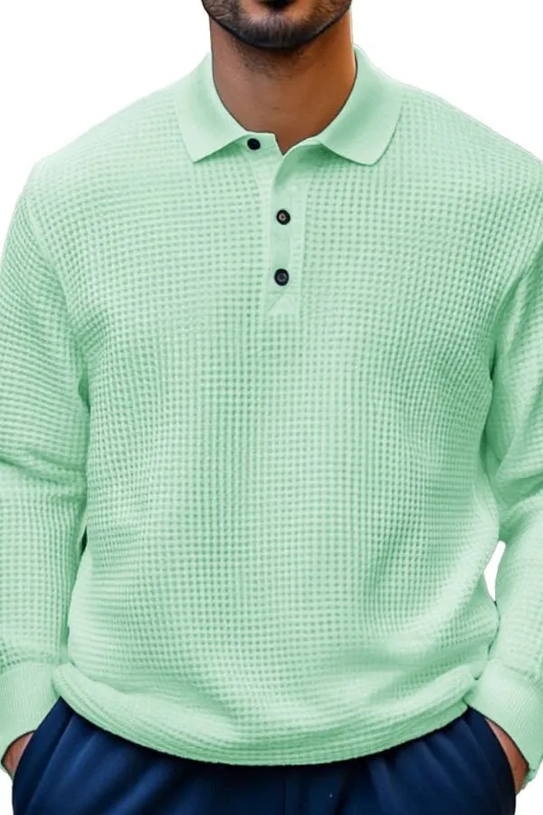 Men's Fashion Casual Waffle Fabric Lapel Long Sleeve Polo Shirt