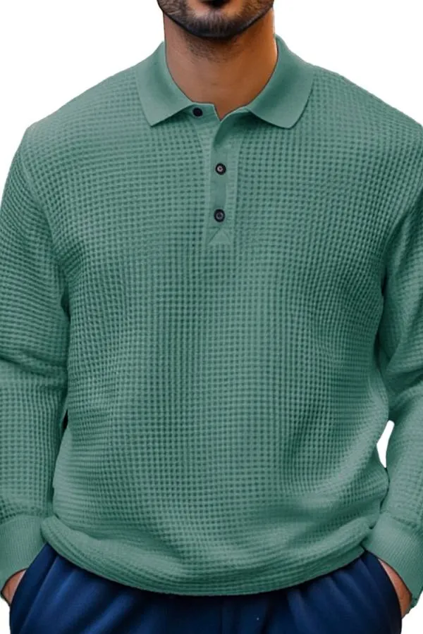 Men's Fashion Casual Waffle Fabric Lapel Long Sleeve Polo Shirt