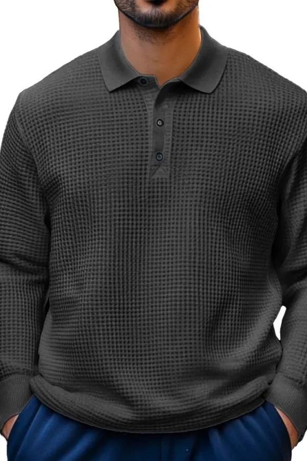 Men's Fashion Casual Waffle Fabric Lapel Long Sleeve Polo Shirt