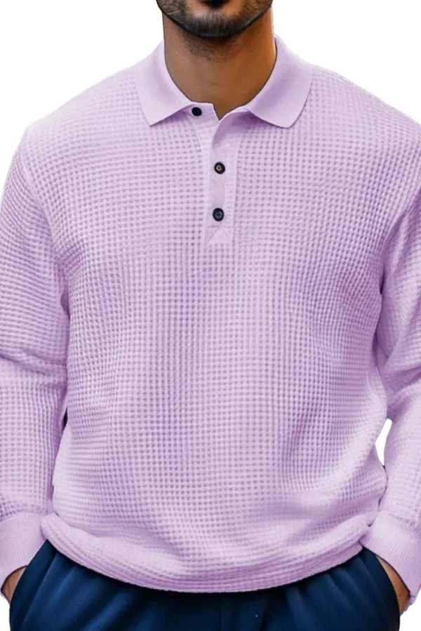 Men's Fashion Casual Waffle Fabric Lapel Long Sleeve Polo Shirt