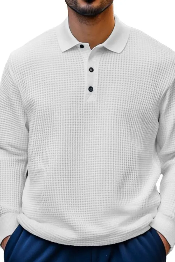 Men's Fashion Casual Waffle Fabric Lapel Long Sleeve Polo Shirt
