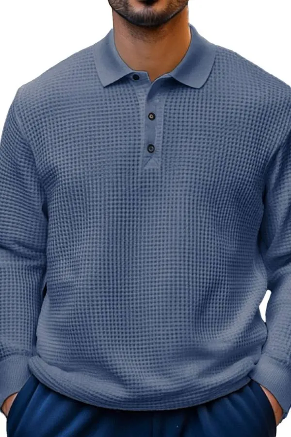 Men's Fashion Casual Waffle Fabric Lapel Long Sleeve Polo Shirt