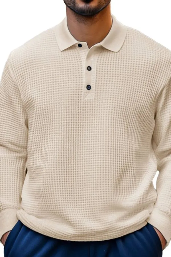 Men's Fashion Casual Waffle Fabric Lapel Long Sleeve Polo Shirt