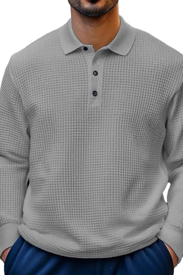 Men's Fashion Casual Waffle Fabric Lapel Long Sleeve Polo Shirt
