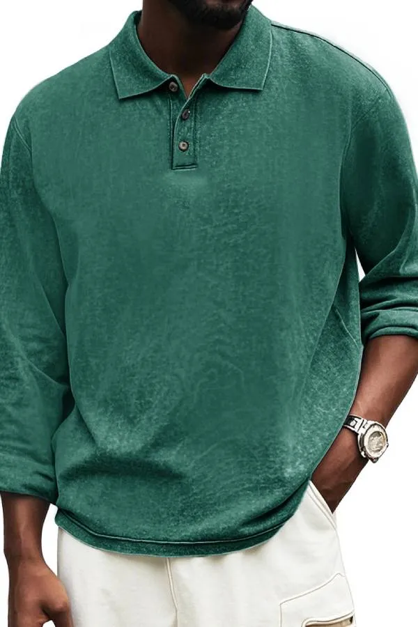 Men's Fashion Vintage Distressed Lapel Long Sleeve Polo Shirt