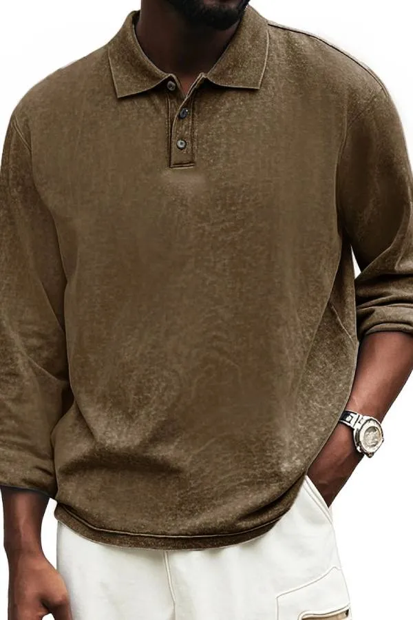 Men's Fashion Vintage Distressed Lapel Long Sleeve Polo Shirt