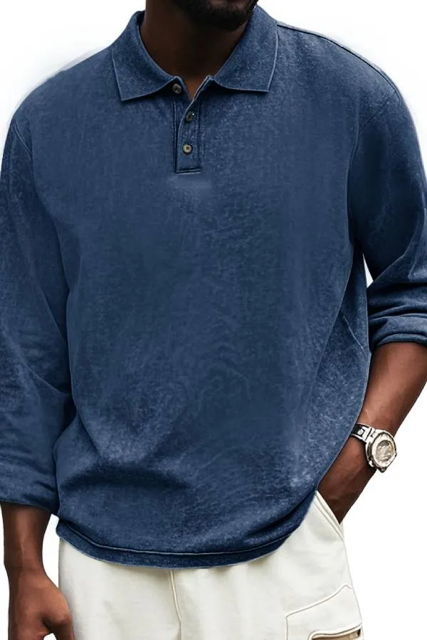 Men's Fashion Vintage Distressed Lapel Long Sleeve Polo Shirt