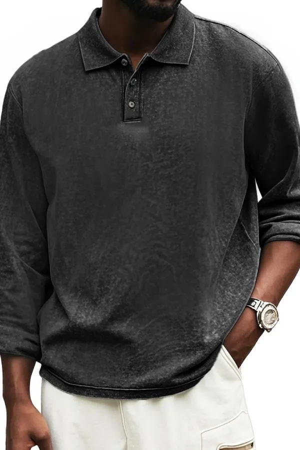 Men's Fashion Vintage Distressed Lapel Long Sleeve Polo Shirt