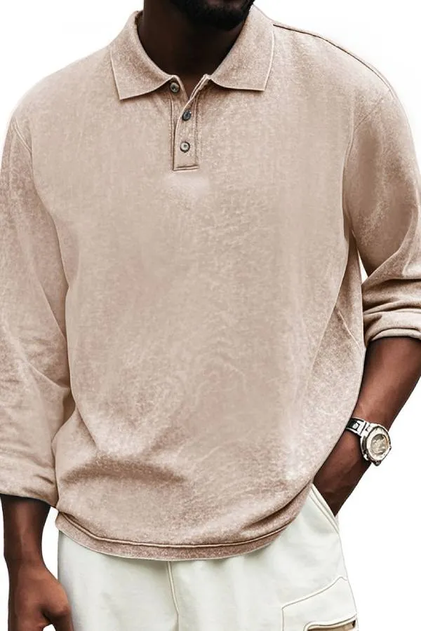 Men's Fashion Vintage Distressed Lapel Long Sleeve Polo Shirt