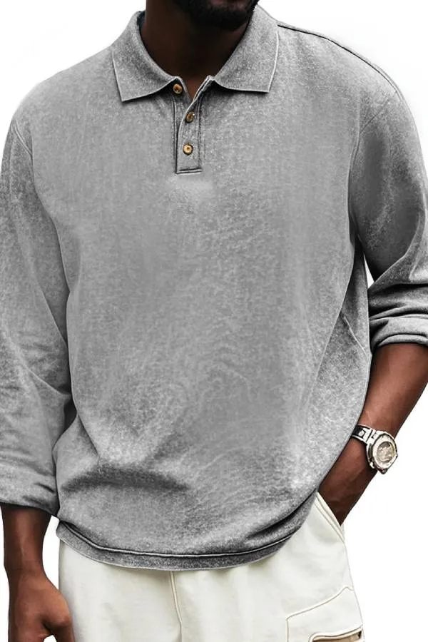 Men's Fashion Vintage Distressed Lapel Long Sleeve Polo Shirt